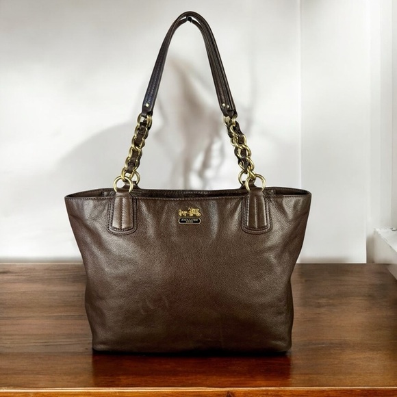 Coach Madison Brown Leather Tote Bag with Gold Chain Detail - Picture 4 of 12